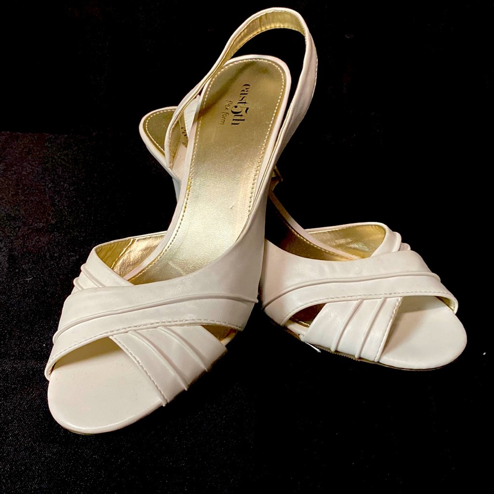 White sling back open toe sandals